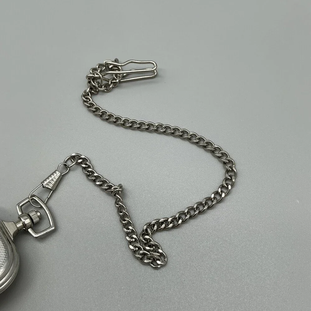Mens Pocket Watch 45mm White Dial Silver Tone Chain Cushion Case New Battery
